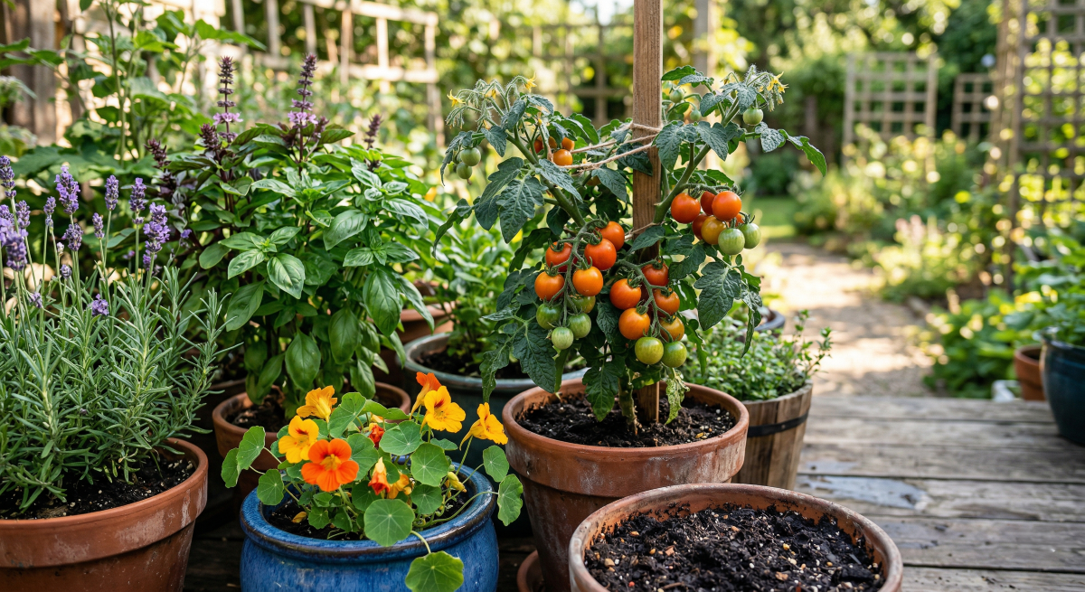 Close-up of vibrant, healthy container garden plants (tomatoes, herbs, flowers) thriving in various pots, with rich, dark potting soil visible. Sunlight gently illuminates the scene, highlighting lush green leaves and colorful blooms against a soft, natural background. High detail, photorealistic garden photography.