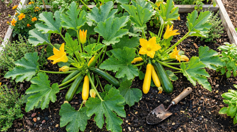 Squash plant growing on a raised garden bed with other herbs and flowers