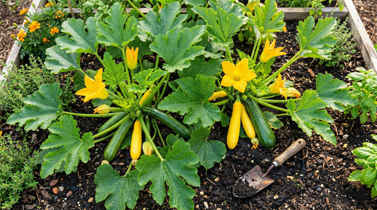 Squash plant growing on a raised garden bed with other herbs and flowers