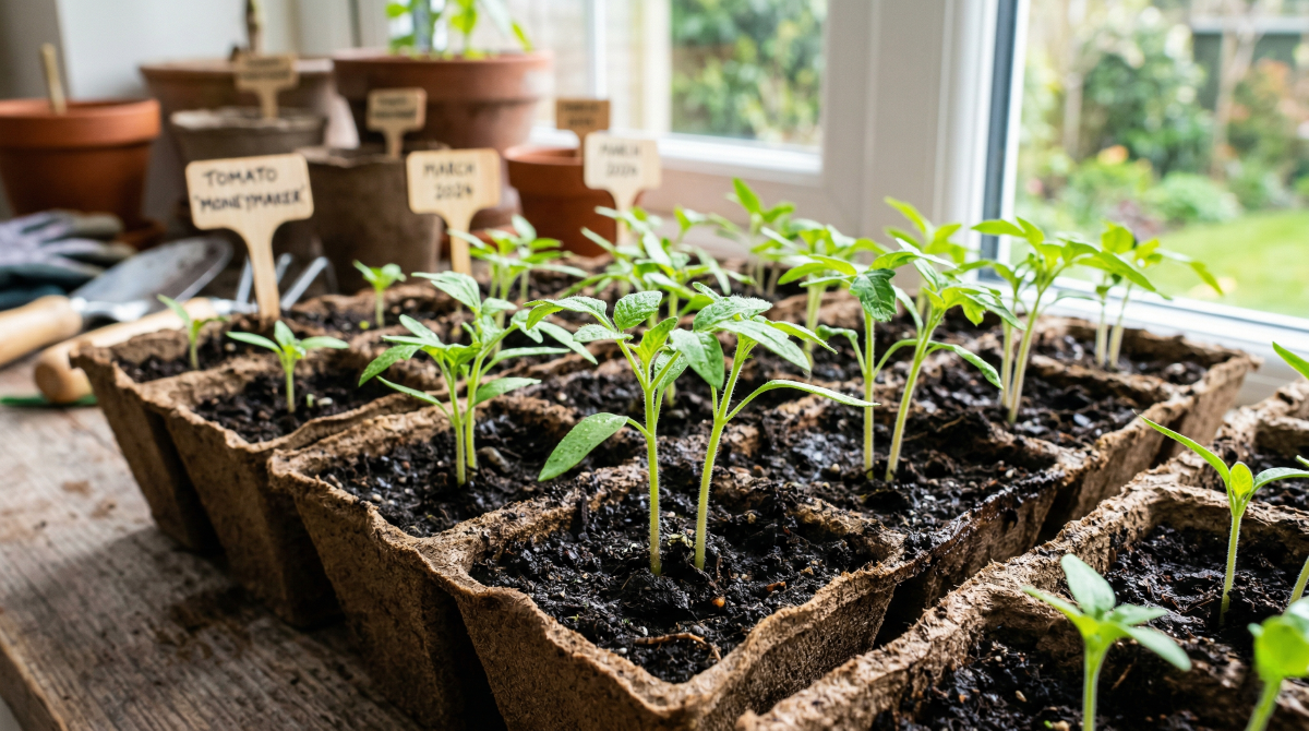 A vibrant, well-lit close-up shot of healthy, green tomato seedlings emerging from rich potting mix in biodegradable seed-starting trays. Soft, natural light illuminates the scene, with a blurred background showing gardening tools and a window, evoking a sense of growth and potential.