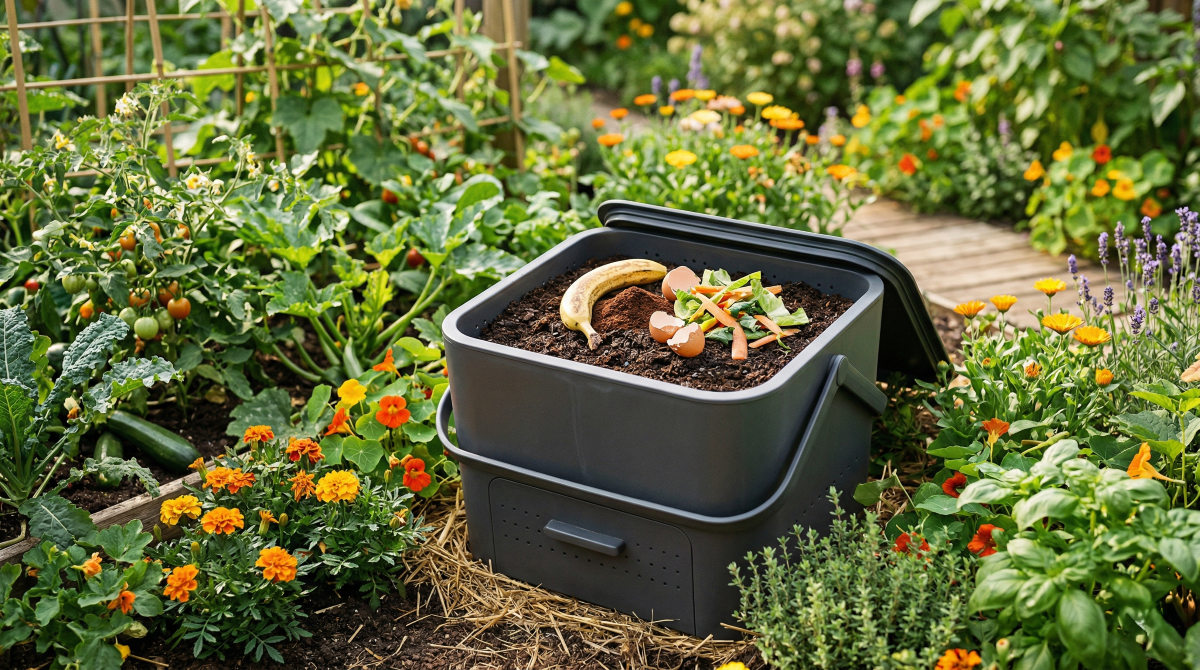 An inviting, vibrant close-up shot of a modern, clean composting bin nestled in a lush, organic garden. The bin is slightly open, revealing rich, dark compost, with a few fresh vegetable scraps (like a banana peel and coffee grounds) visible on top. Healthy green plants and colorful flowers thrive around it, hinting at the compost's benefits. Soft, natural sunlight illuminates the scene, emphasizing growth and sustainability. Style: Photorealistic, warm, inviting.