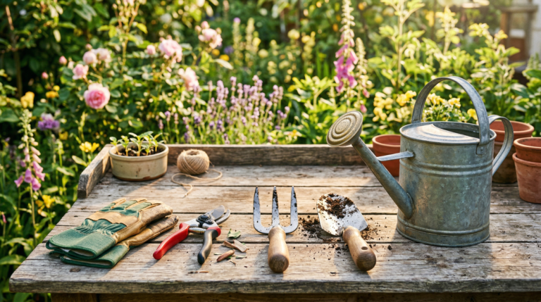 A stylized, vibrant image of five essential gardening tools (a sturdy hand trowel, a three-pronged hand fork, sharp pruning shears, durable gardening gloves, and a classic metal watering can) neatly arranged on a rustic wooden table. The backdrop features lush, healthy green plants with delicate flowers in soft focus, bathed in warm, natural sunlight. The style is clean, inviting, and conveys simplicity and natural beauty.